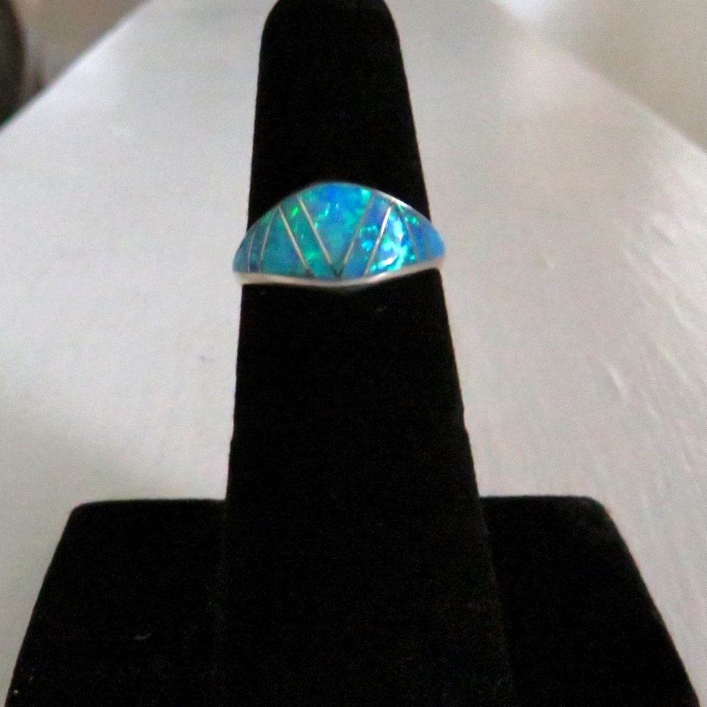 Solid Sterling Silver Inlay Blue Lab Opal Dome Ring - Picture 1 of 9